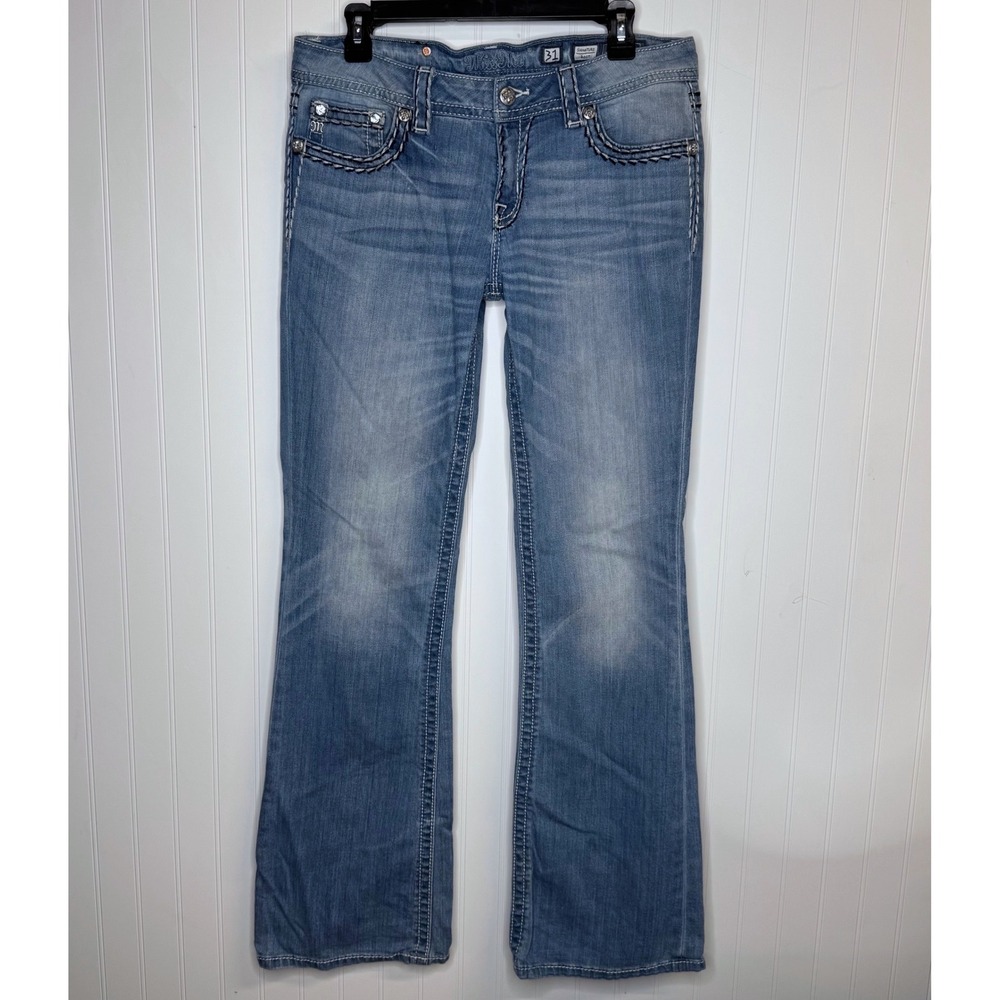 Miss Me Signature Bootcut 31 x34 Light Wash Rhinestone Studs Contrast Stitch